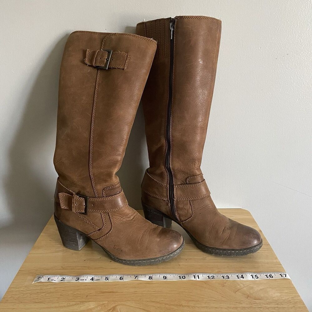 Born Tall Knee High Block Heel Leather Boots Buckle Brown Women's Size 9
